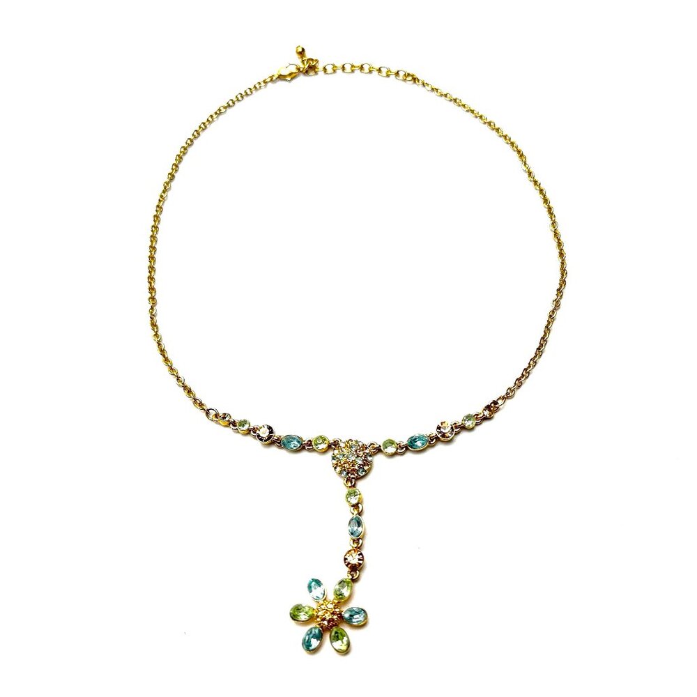 Gold Tone Bezel Set Crystal Y Drop Flower Pendant — Blue Green Stones 16-18" EUC